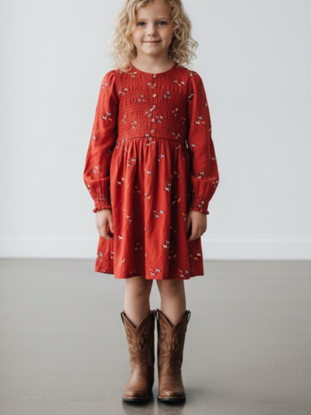 NWT- Cat & Jack Girls' Orange Long-Sleeve Smocked Horse-Print Dress Size L 10-12